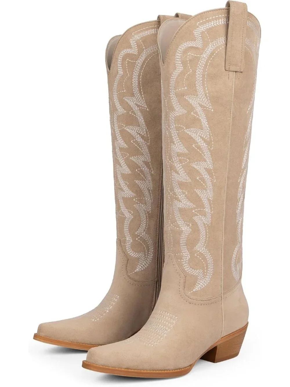 Women's Beige Embroidered Wide Calf Pointed Toe Cowgirl Knee High Boots